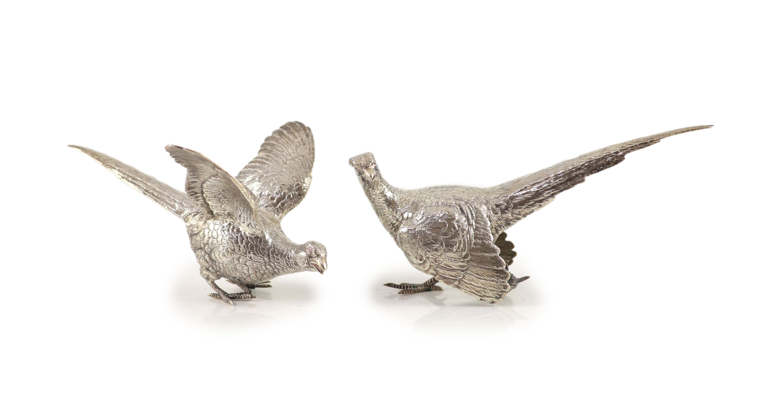 A pair of silver free standing pheasant table ornaments, by Edward Barnard & Sons Ltd,